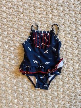 deux par deux Navy Seagull Ruffle One-Piece Swimsuit with Red Trim